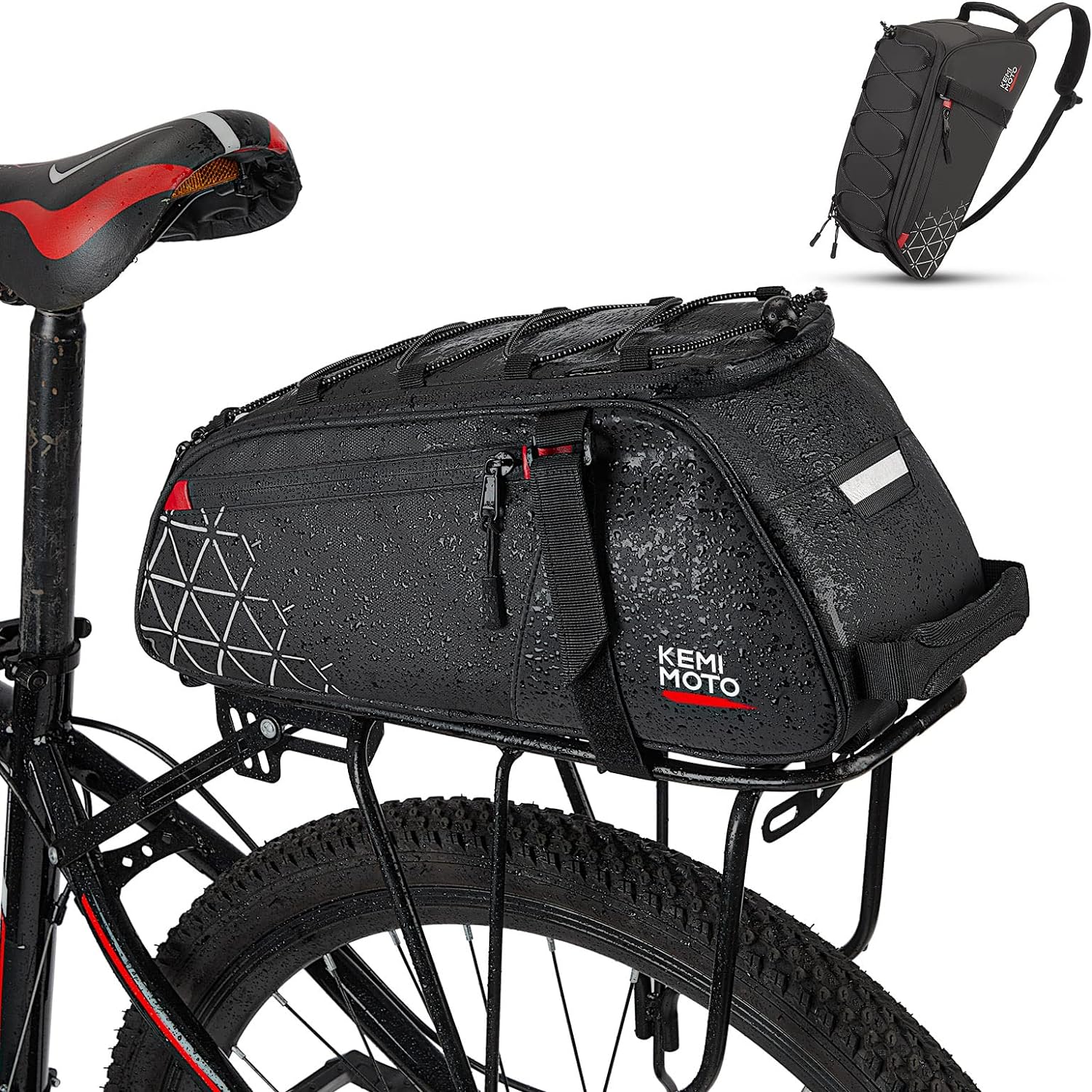KEMIMOTO Rear Bike Rack Bag - 8L PVC Waterproof Pannier for Road and Mountain Bikes - Black Commuter Bag for Grocery Shopping and Cycling